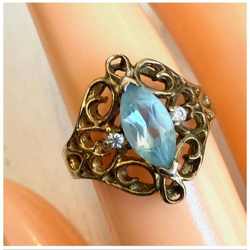 Vintage Sterling Silver Gold Vermeil Filigree Ring Blue Marquise Stone 925 Ring